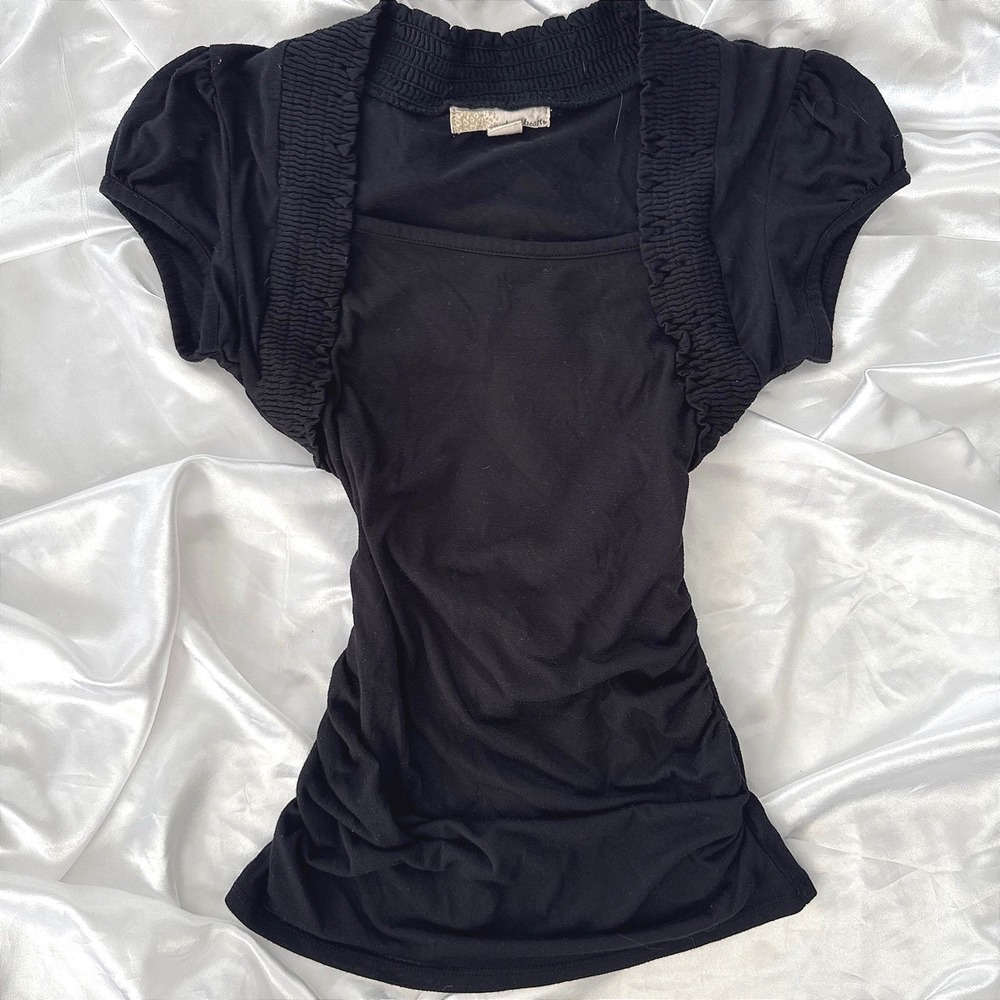 Derek Heart Black Smocked Shrug Layered Top Short Sleeve Ruched M